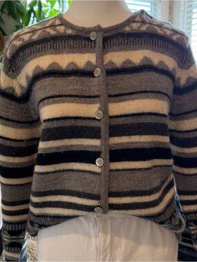 100% Wool Karen Scott Women's Fair Isle Cardigan Fisherman Sweater Jacket Gray S